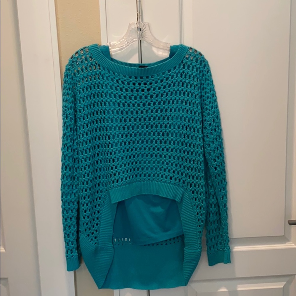 light weight crochet turquoise sweater Karen Kane